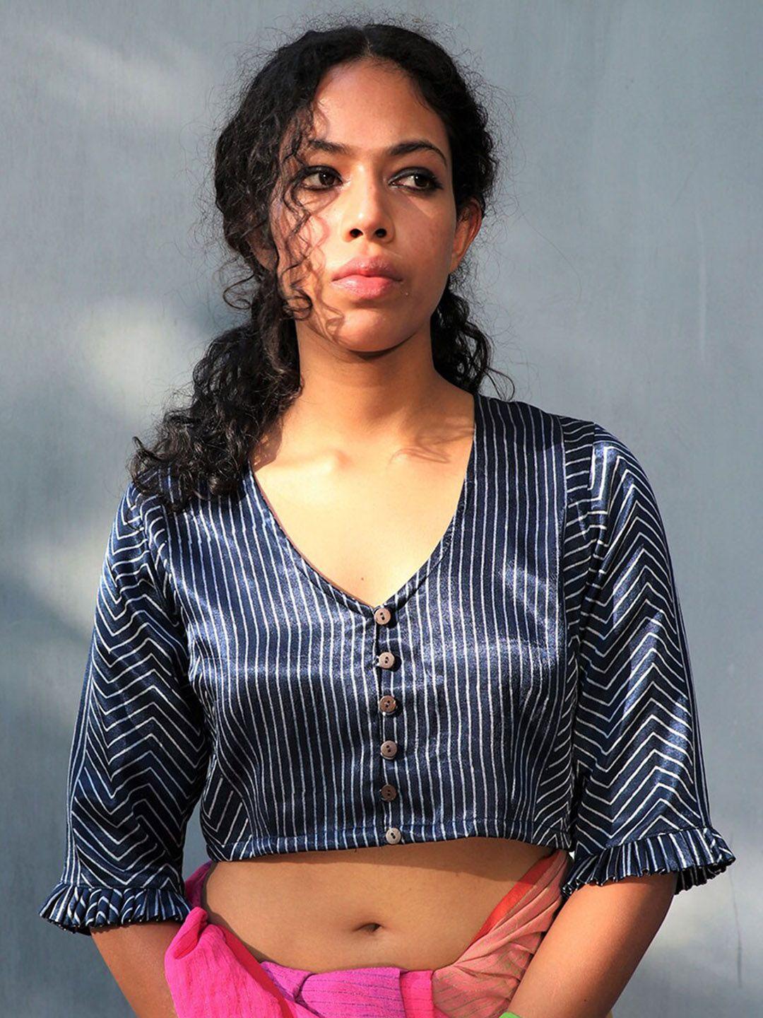 chidiyaa striped v-neck three-quarter sleeves mashru silk saree blouse