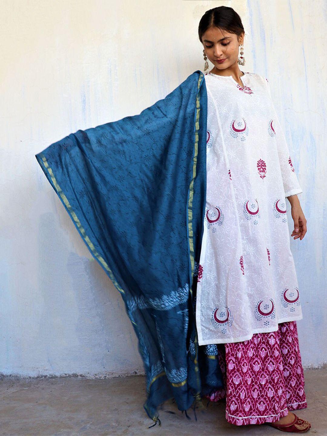 chidiyaa teal & white ethnic motifs printed pure cotton dupatta