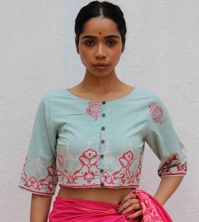 chidiyaa turquoise paakhi from eden handblock printed cotton crop top blouse