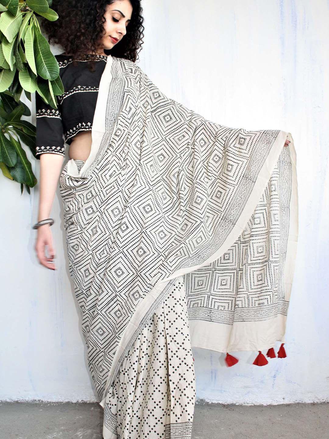 chidiyaa white & black geometric printed pure cotton saree