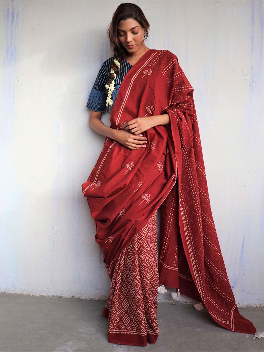 chidiyaa white & red floral pure cotton saree