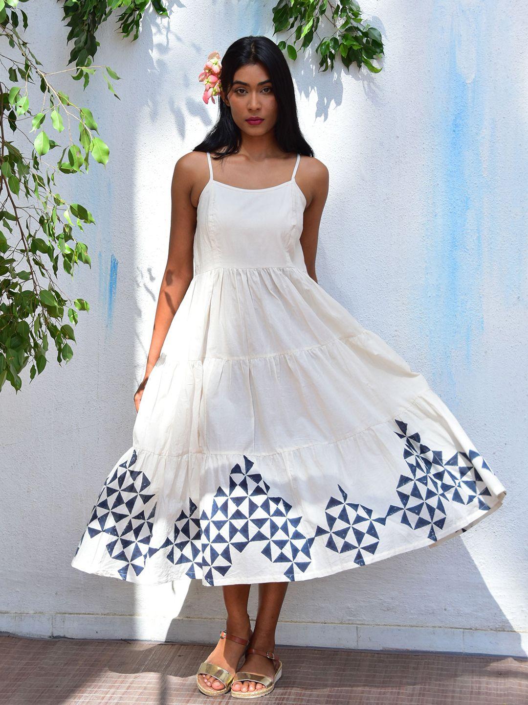 chidiyaa white floral print fit & flare midi dress