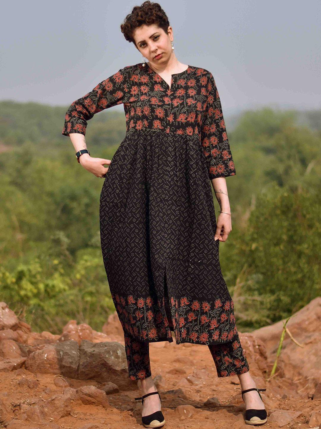 chidiyaa women black floral printed empire pure cotton kurta with trousers