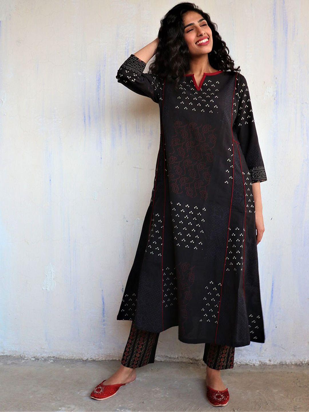 chidiyaa women black hand printed panelled pure cotton kurta with trousers