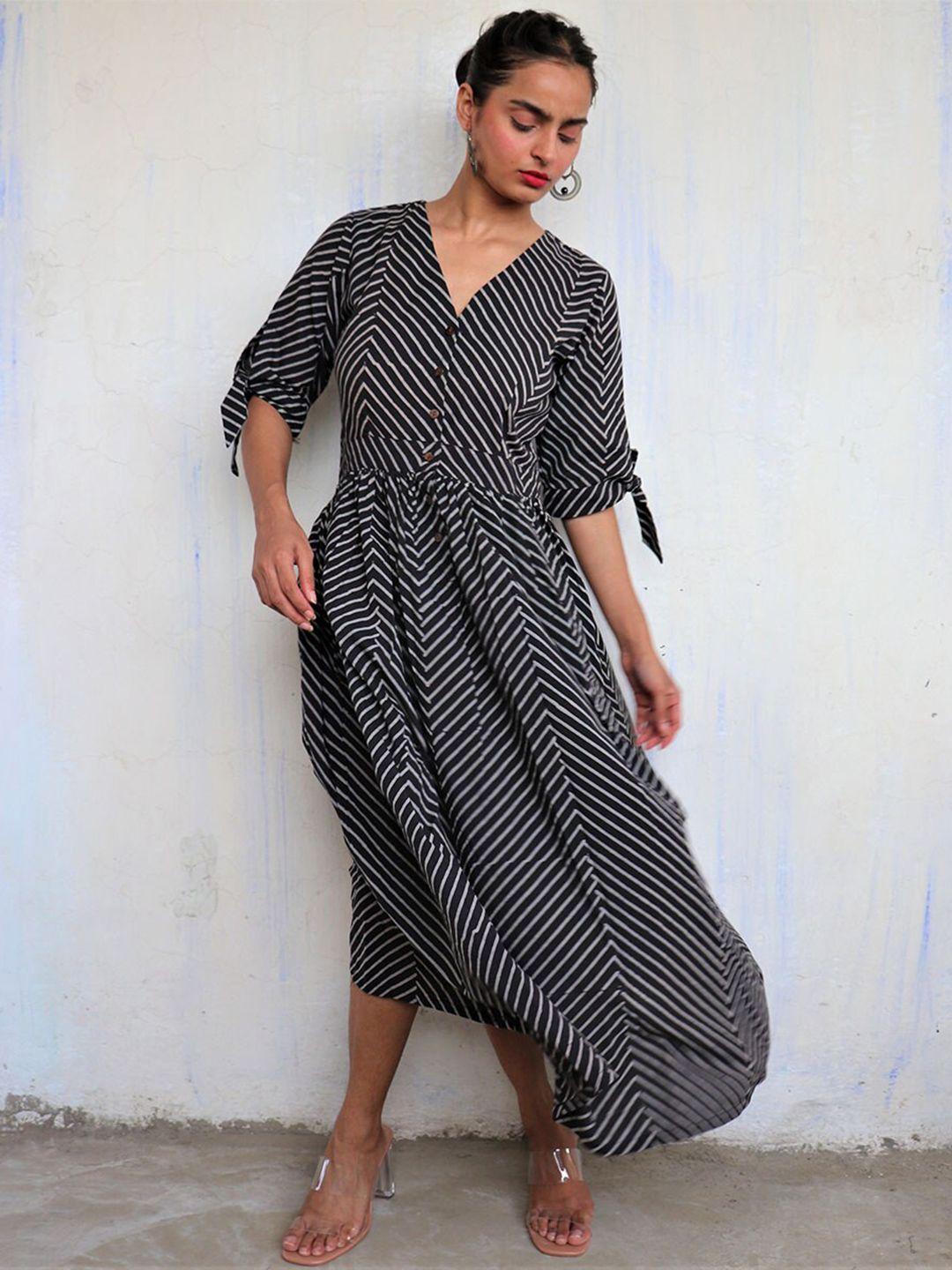 chidiyaa women black striped cotton printed maxi dress