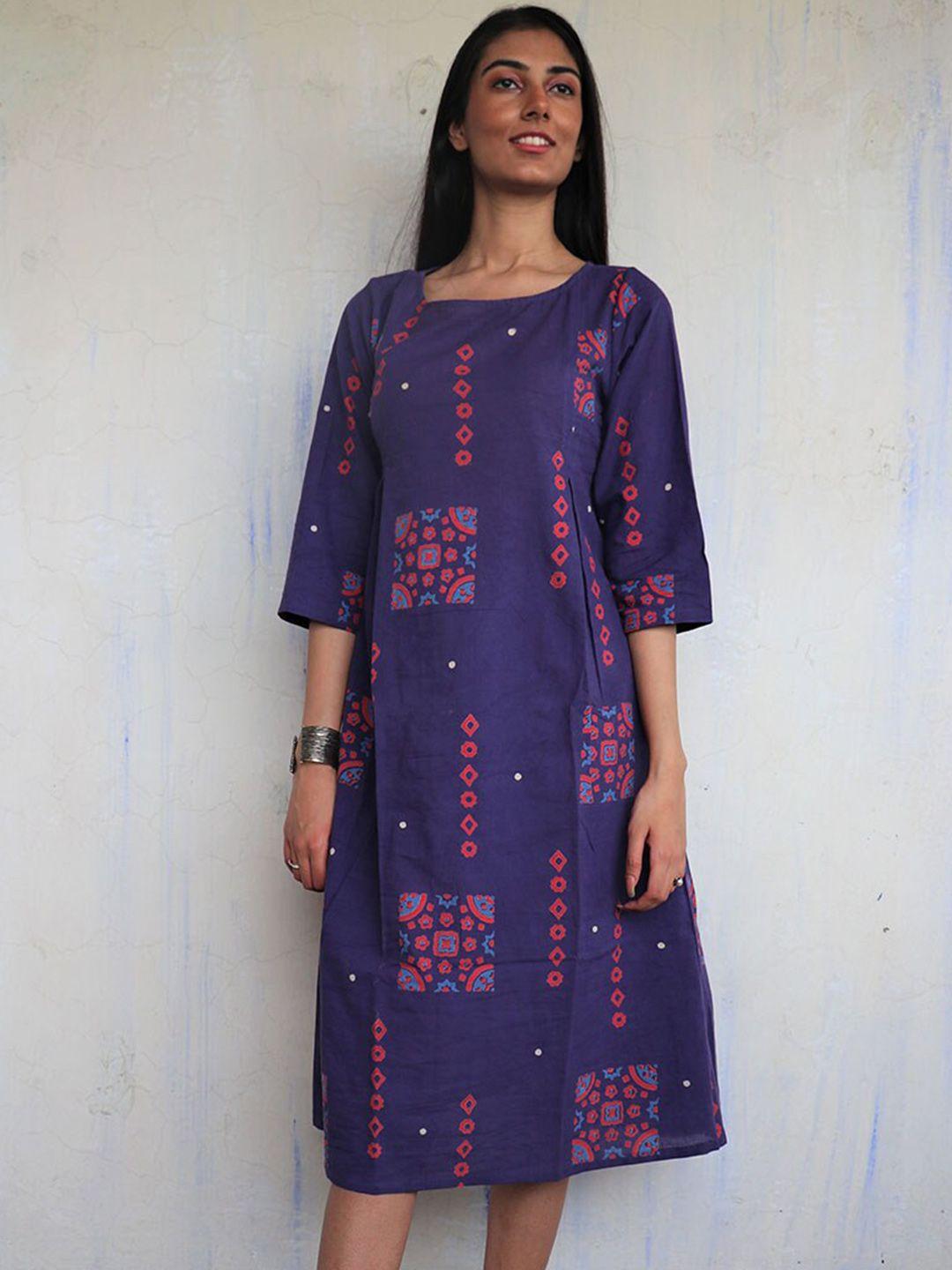 chidiyaa women blue & pink floral printed a-line midi dress