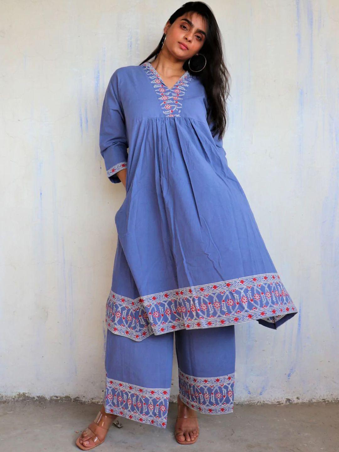 chidiyaa women blue floral printed empire pure cotton kurta with palazzos