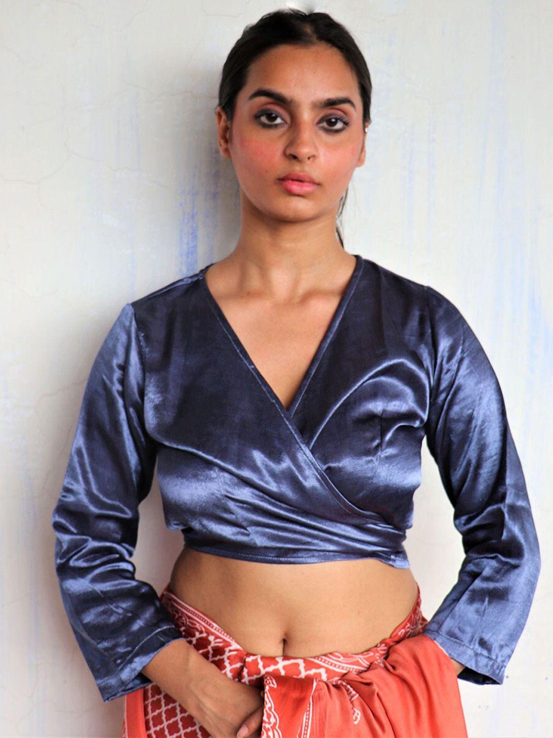 chidiyaa women blue solid tie-up mashru crop silk saree blouse