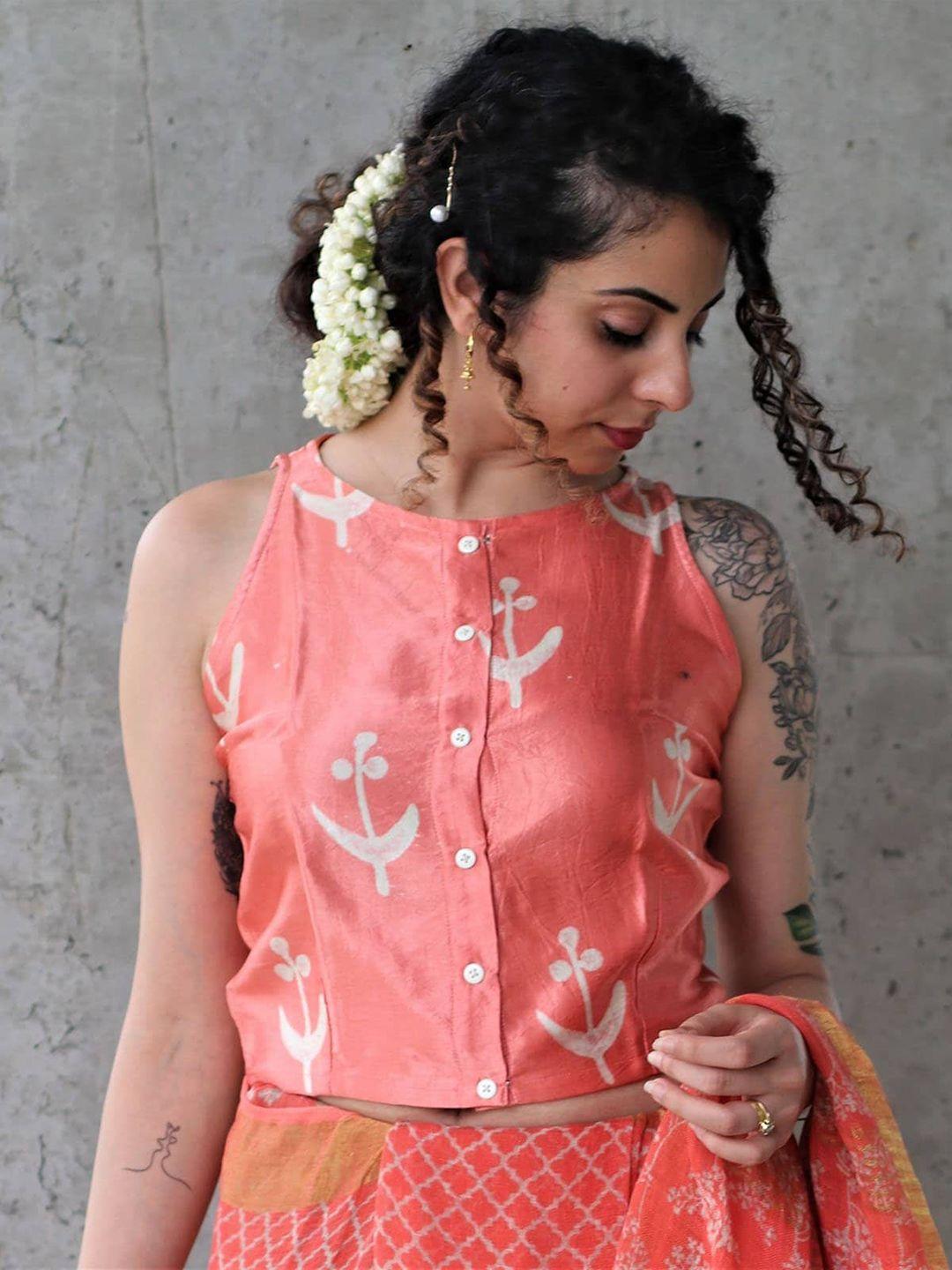 chidiyaa women coral orange printed cotton sleeveless readymade saree blouse