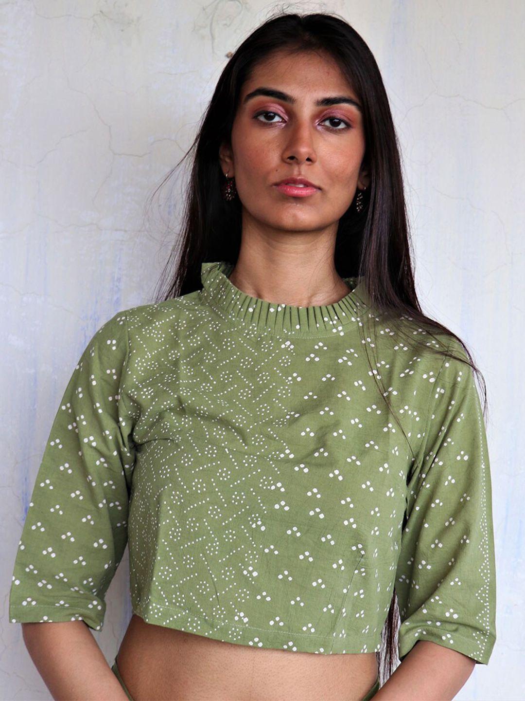 chidiyaa women green blockprinted pure cotton saree blouse