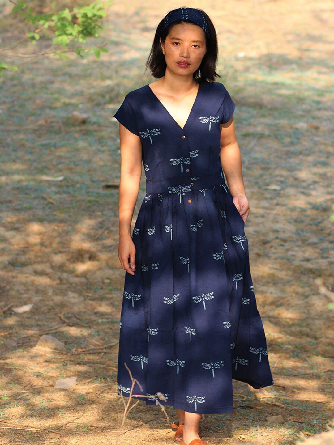 chidiyaa women navy blue floral cotton dress