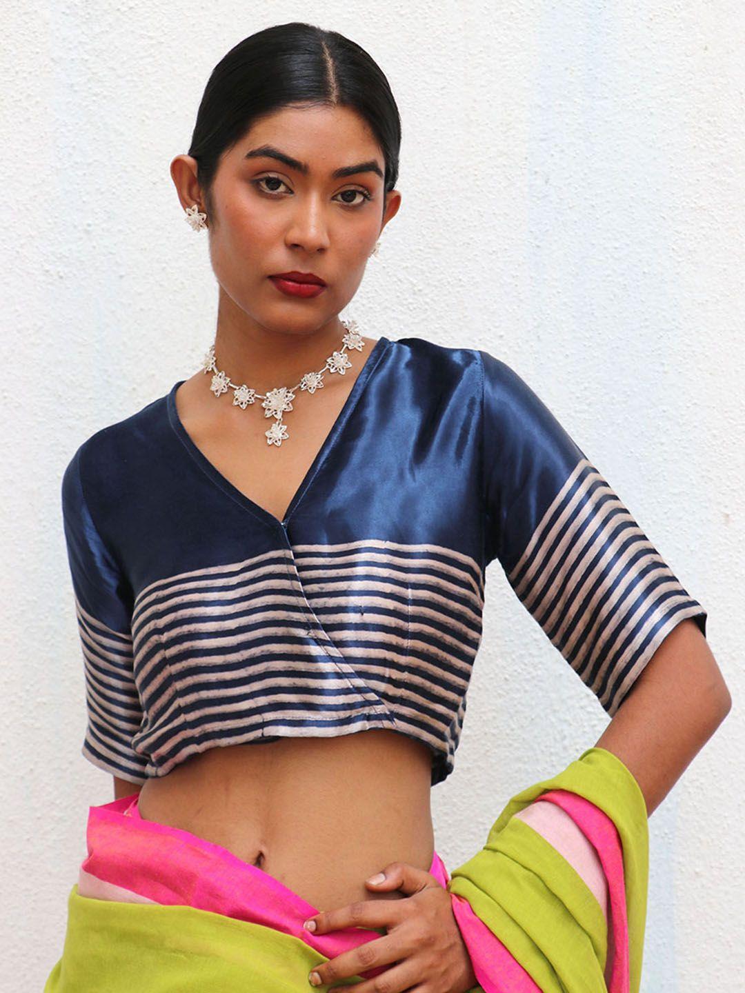 chidiyaa women navy blue printed saree blouse