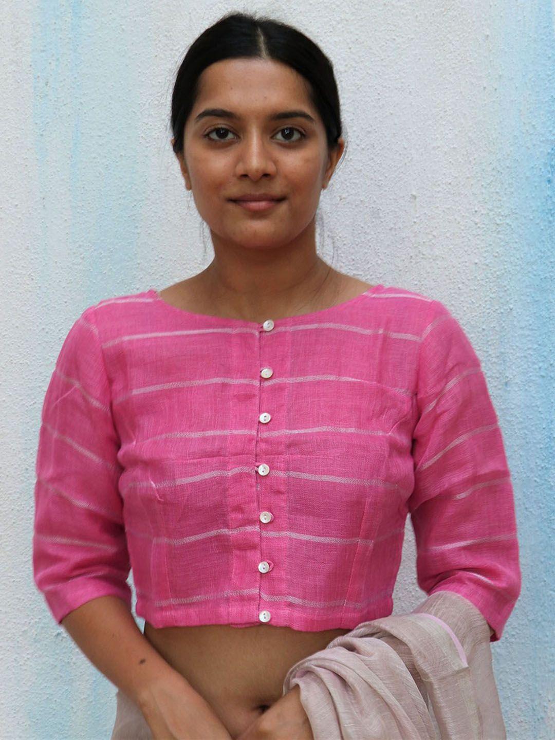 chidiyaa women pink & white  striped saree blouse