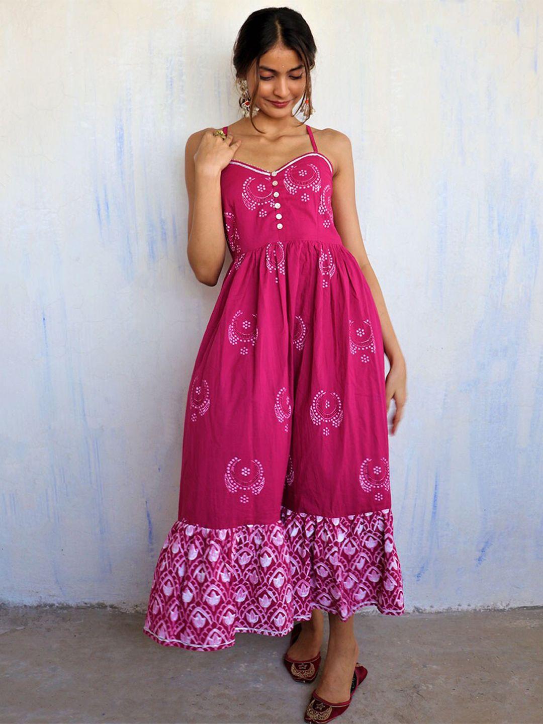 chidiyaa women pink & white ethnic motifs maxi cotton dress