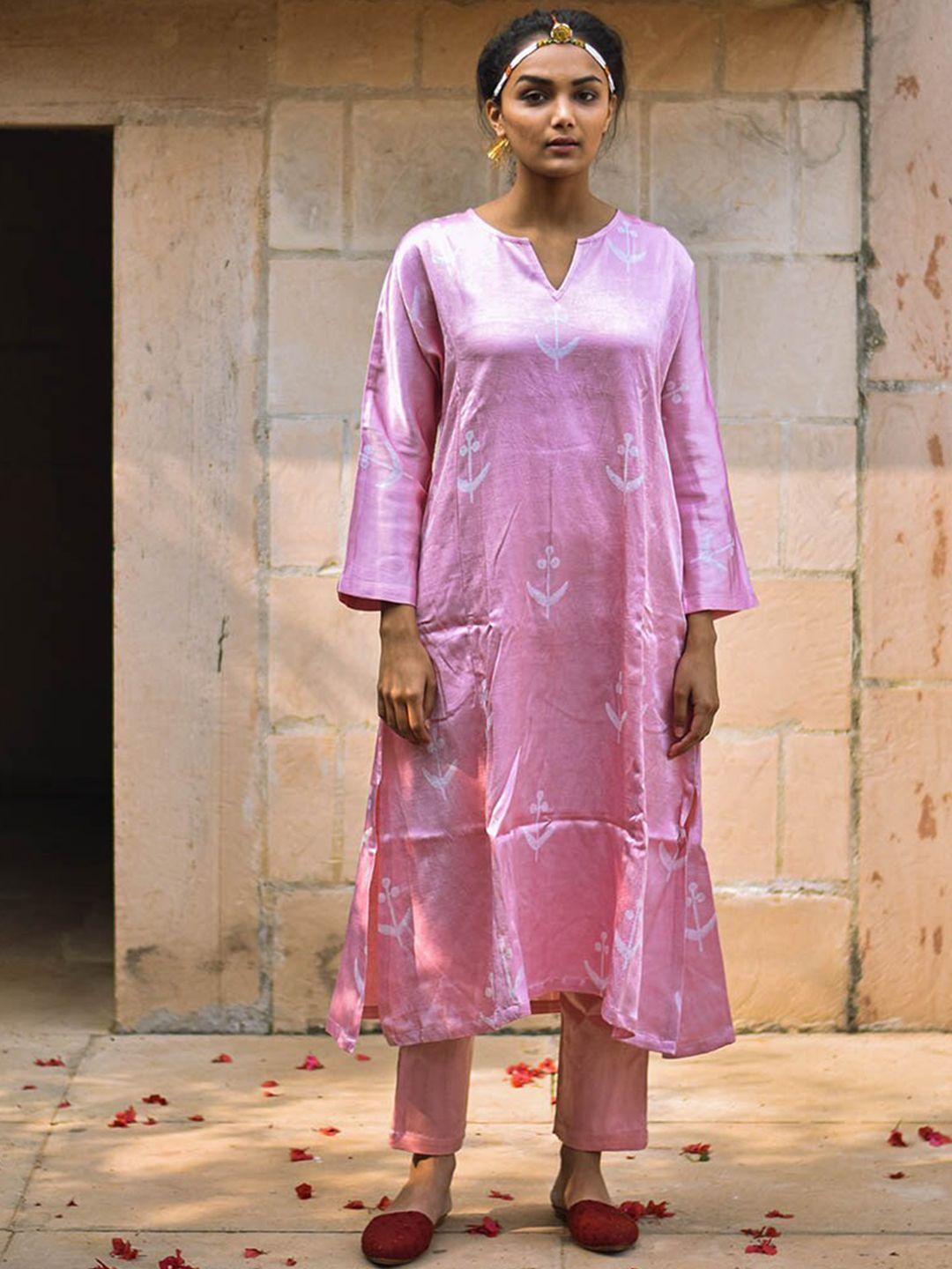 chidiyaa women pink floral printed kurta with trousers