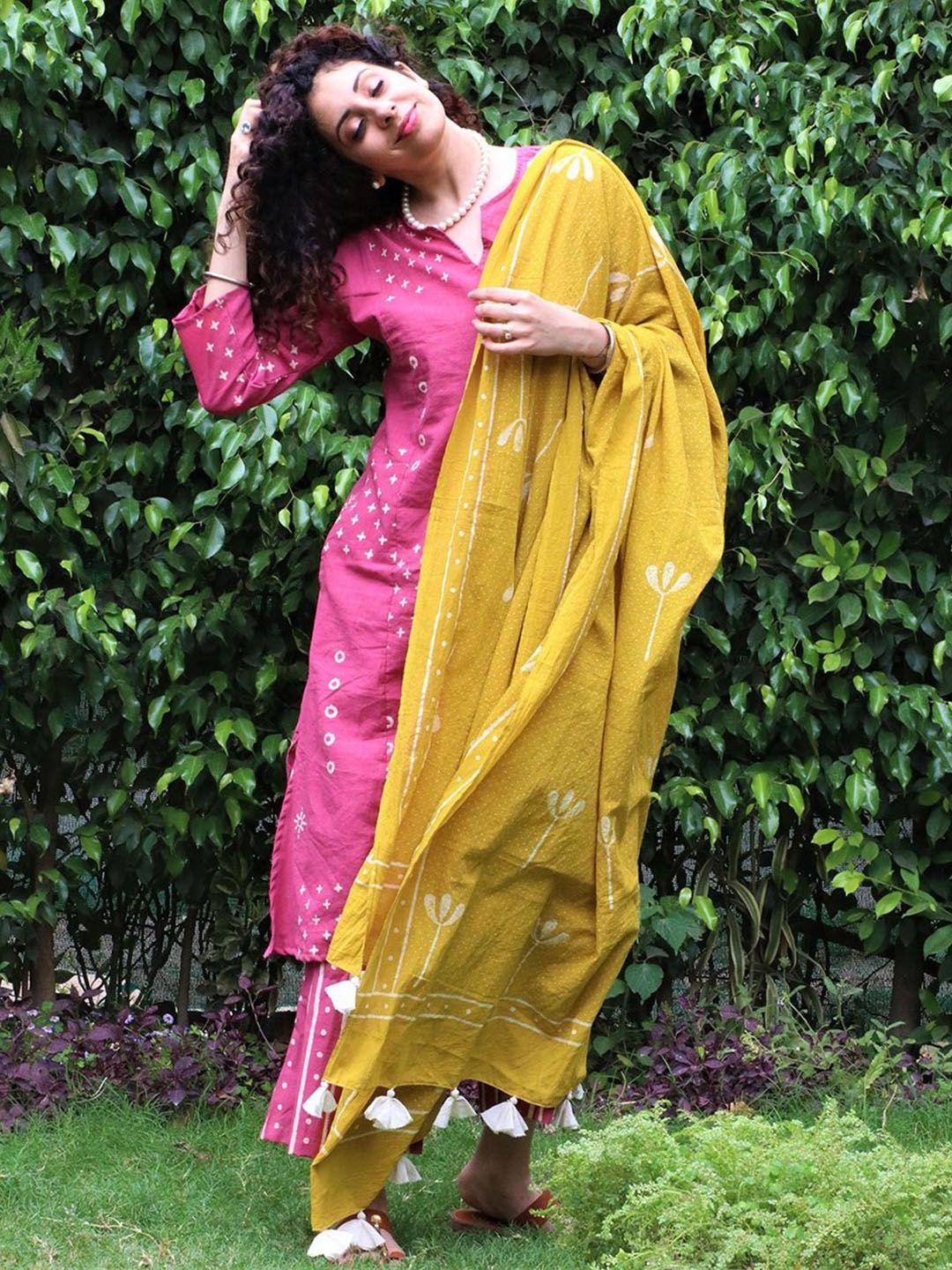 chidiyaa women pink printed pure cotton kurta with palazzos & with dupatta