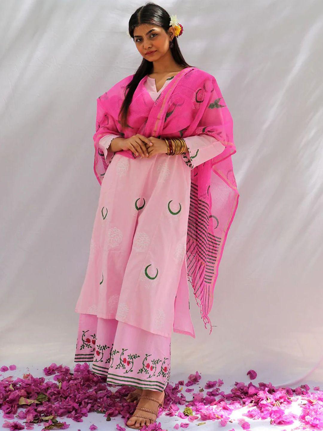 chidiyaa women pink pure cotton printed kurta with palazzos & with dupatta