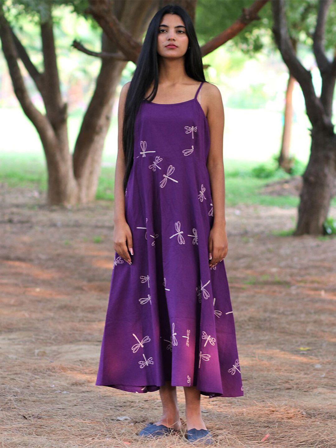 chidiyaa women purple a-line cotton midi dress