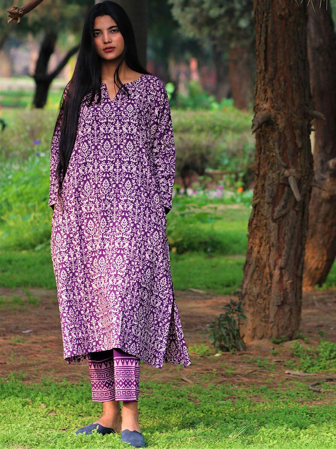 chidiyaa women purple ethnic motifs printed pure cotton kurta with trousers