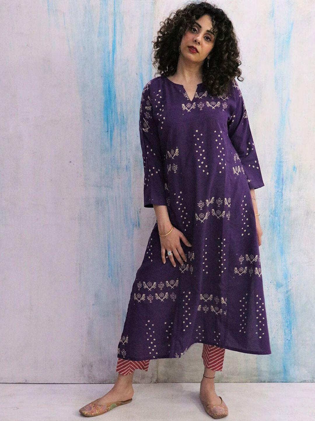 chidiyaa women purple ethnic motifs printed pure cotton kurta with trousers