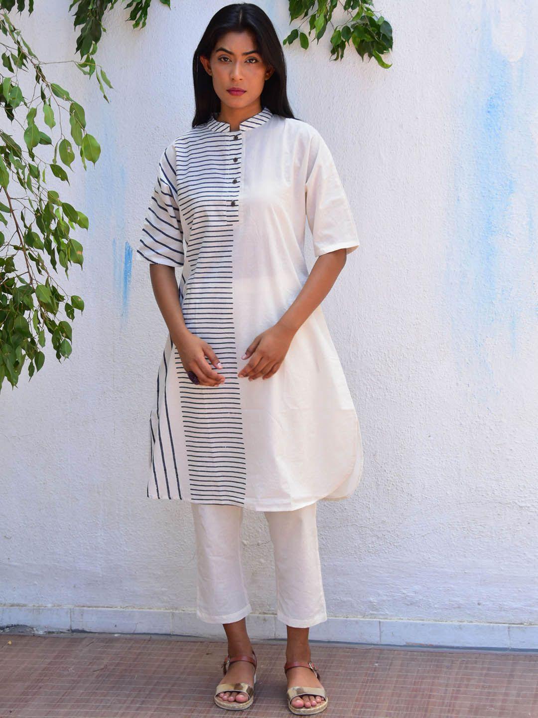 chidiyaa women white striped regular pure cotton kurta with trousers