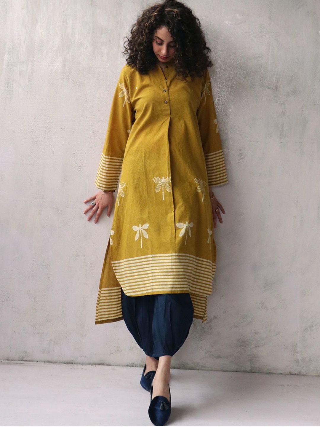 chidiyaa women yellow printed pure cotton kurta with salwar