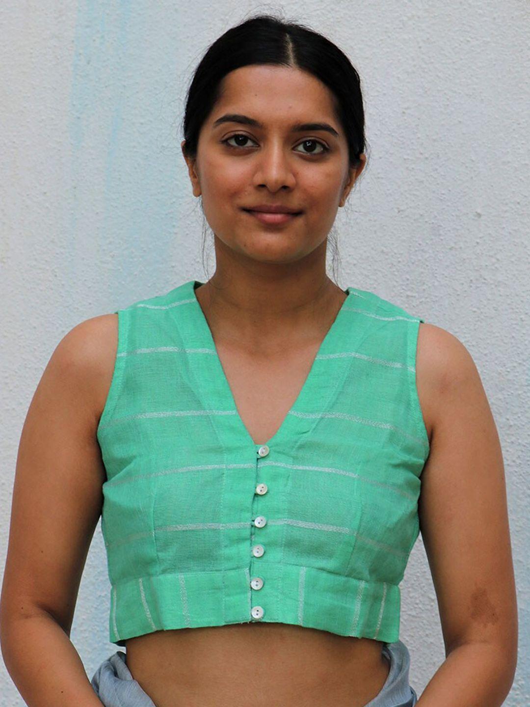 chidiyaa woven design v-neck sleeveless linen saree blouse