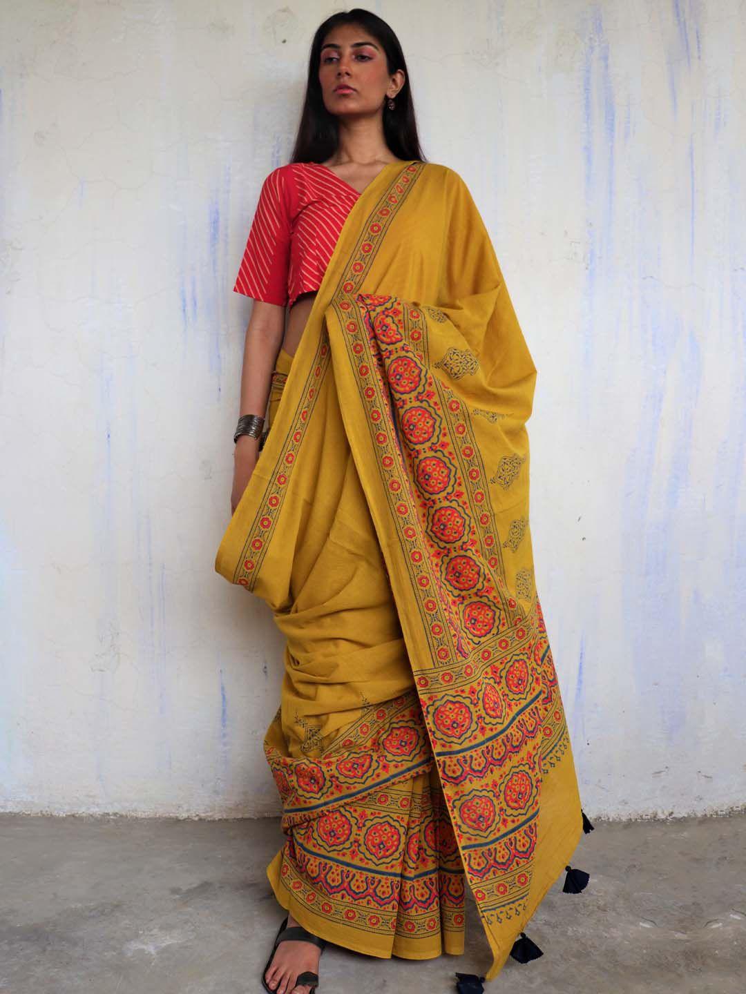 chidiyaa yellow & blue ethnic motifs pure cotton saree