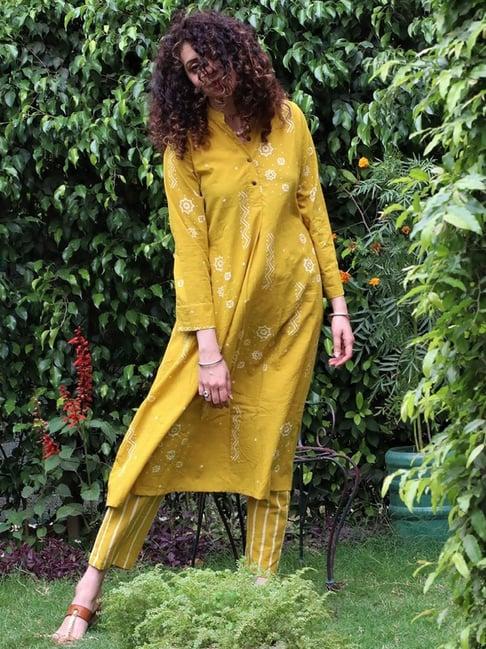 chidiyaa yellow block printed kurti with bottom