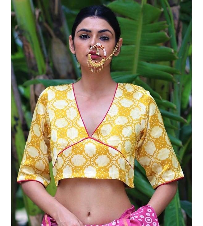 chidiyaa yellow blockprinted mashru silk blouse