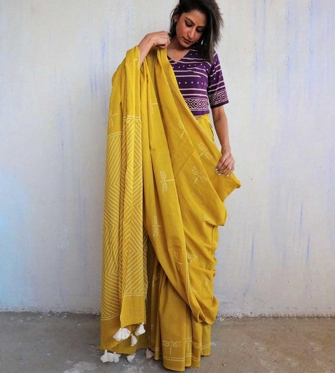 chidiyaa yellow dragonfly block printed cotton mulmul saree - butterfly girls