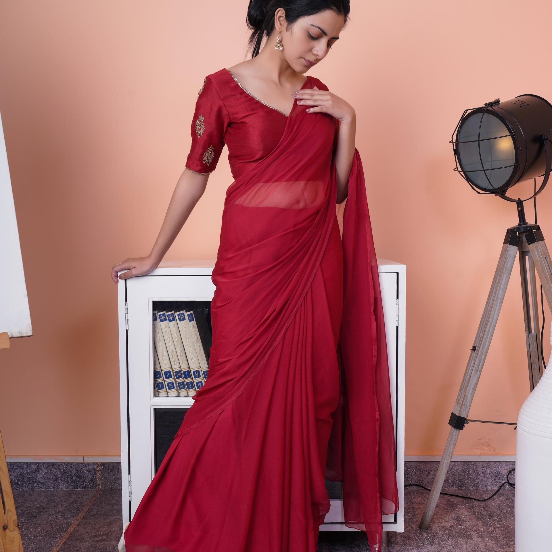 chiffon saree paired with hand embroidered blouse