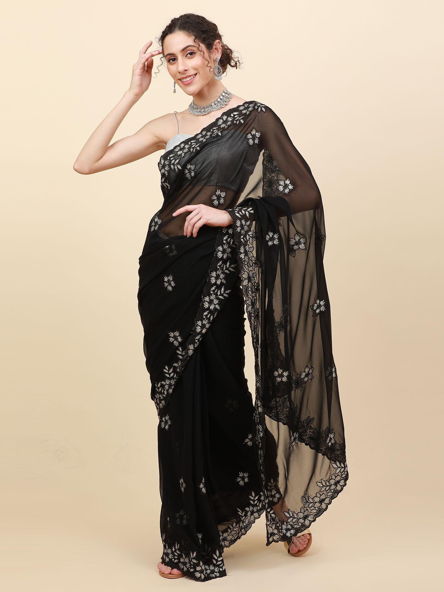 chiffon black embroidered beads and stones saree with unstitched blouse