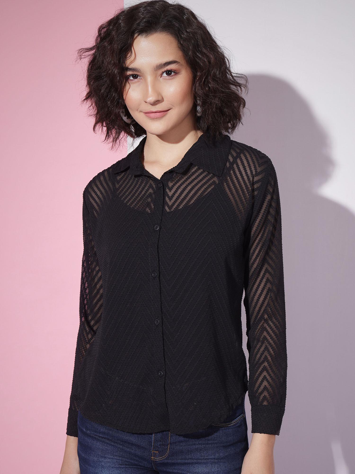 chiffon black self design button front women casual shirt