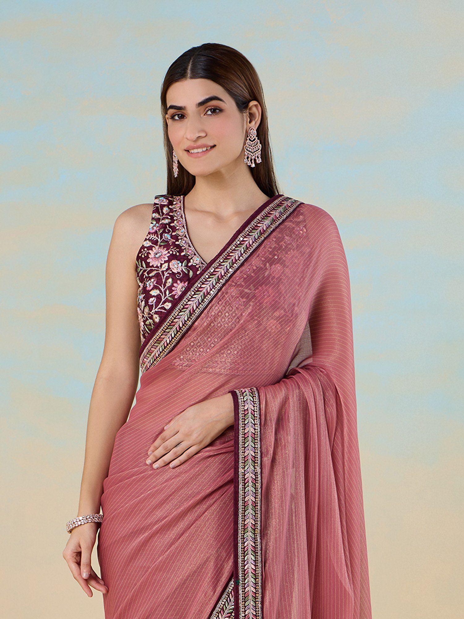 chiffon border embroidered coral saree with embroidered stitched blouse likparsar11