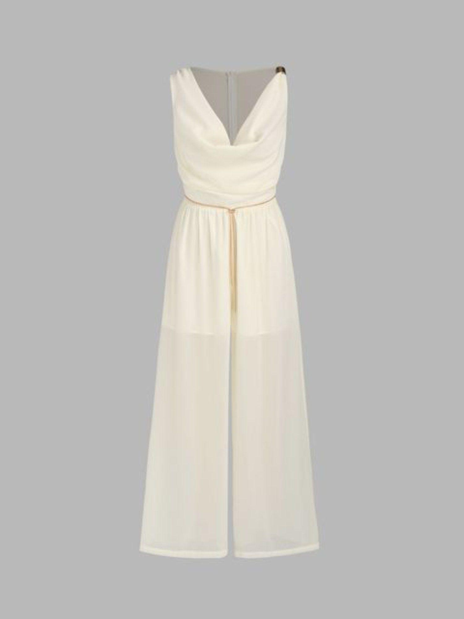 chiffon cowl neck ruched wide leg jumpsuit with chain (set of 2)