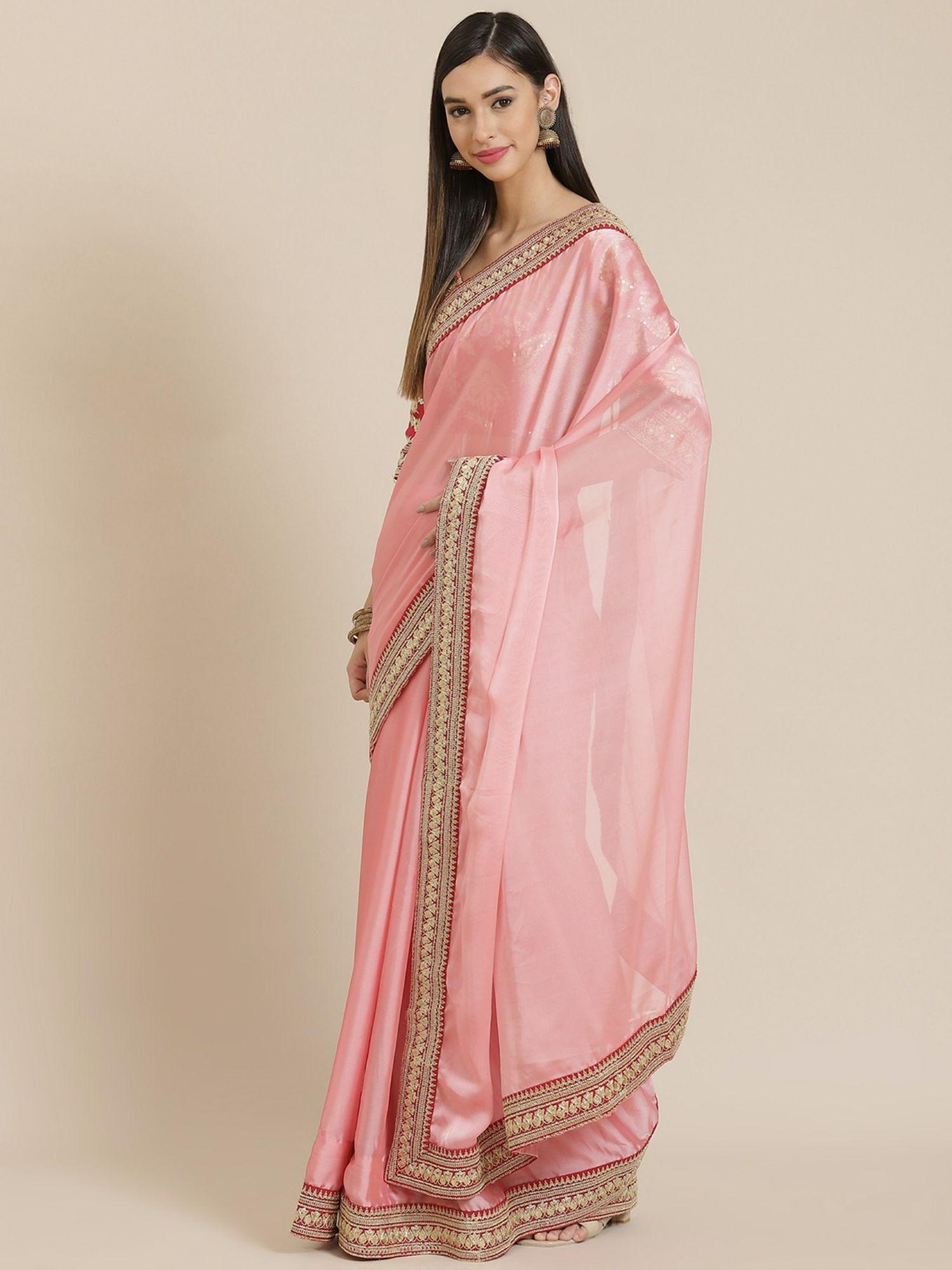 chiffon fabric pink color embroidered saree with unstitched blouse