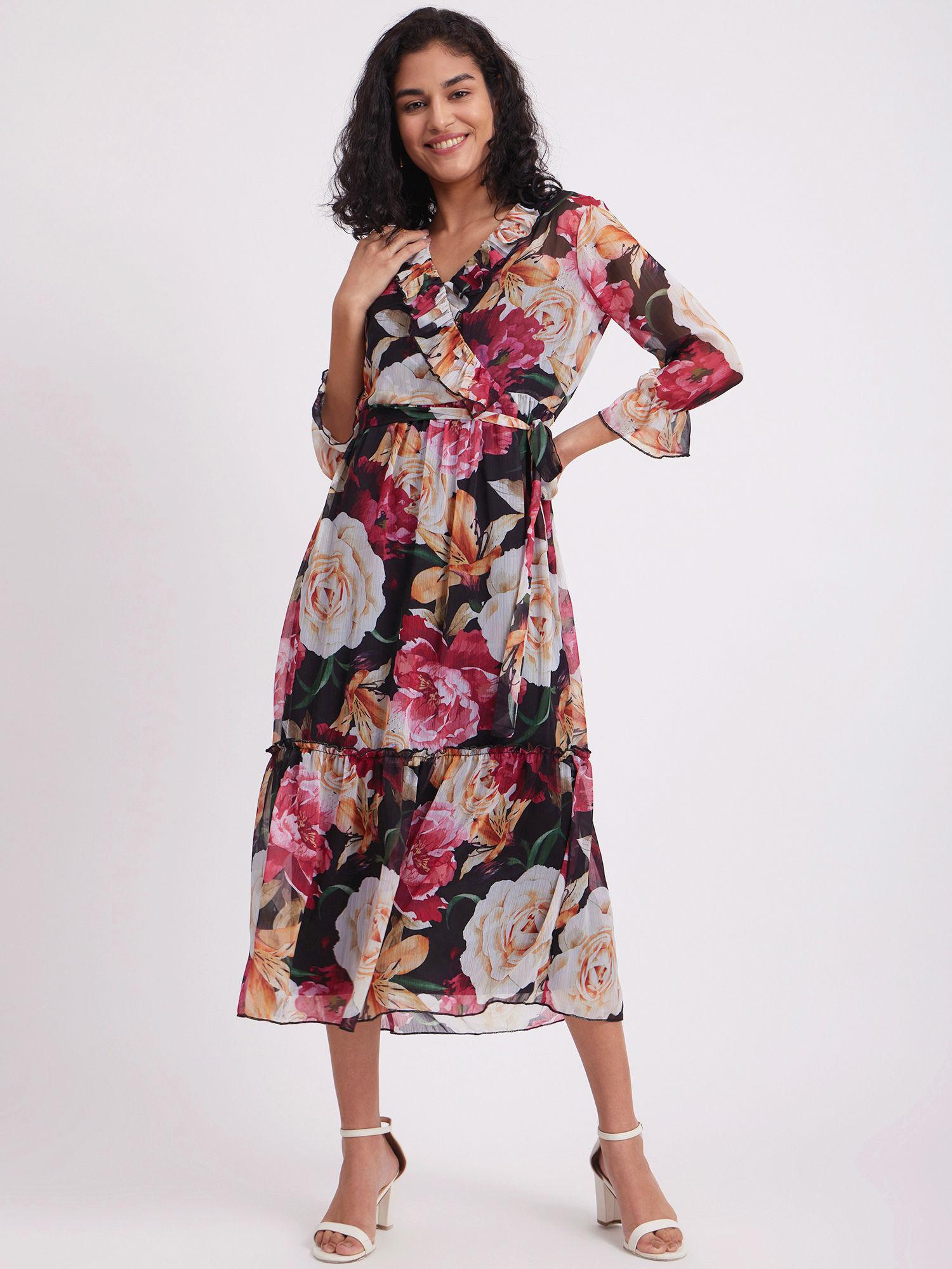 chiffon floral wrap dress black (set of 2)