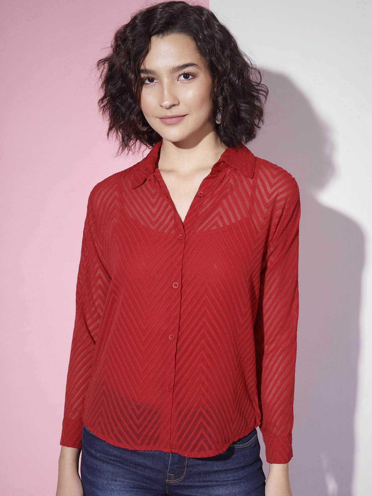 chiffon maroon self design button front women casual shirt