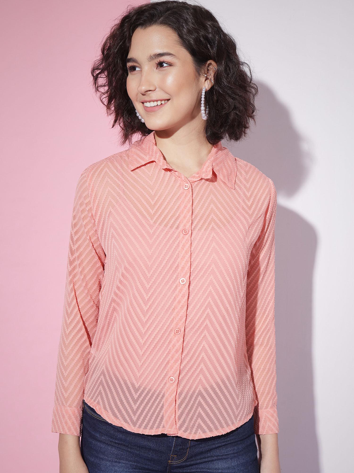 chiffon peach self design button front women casual shirt