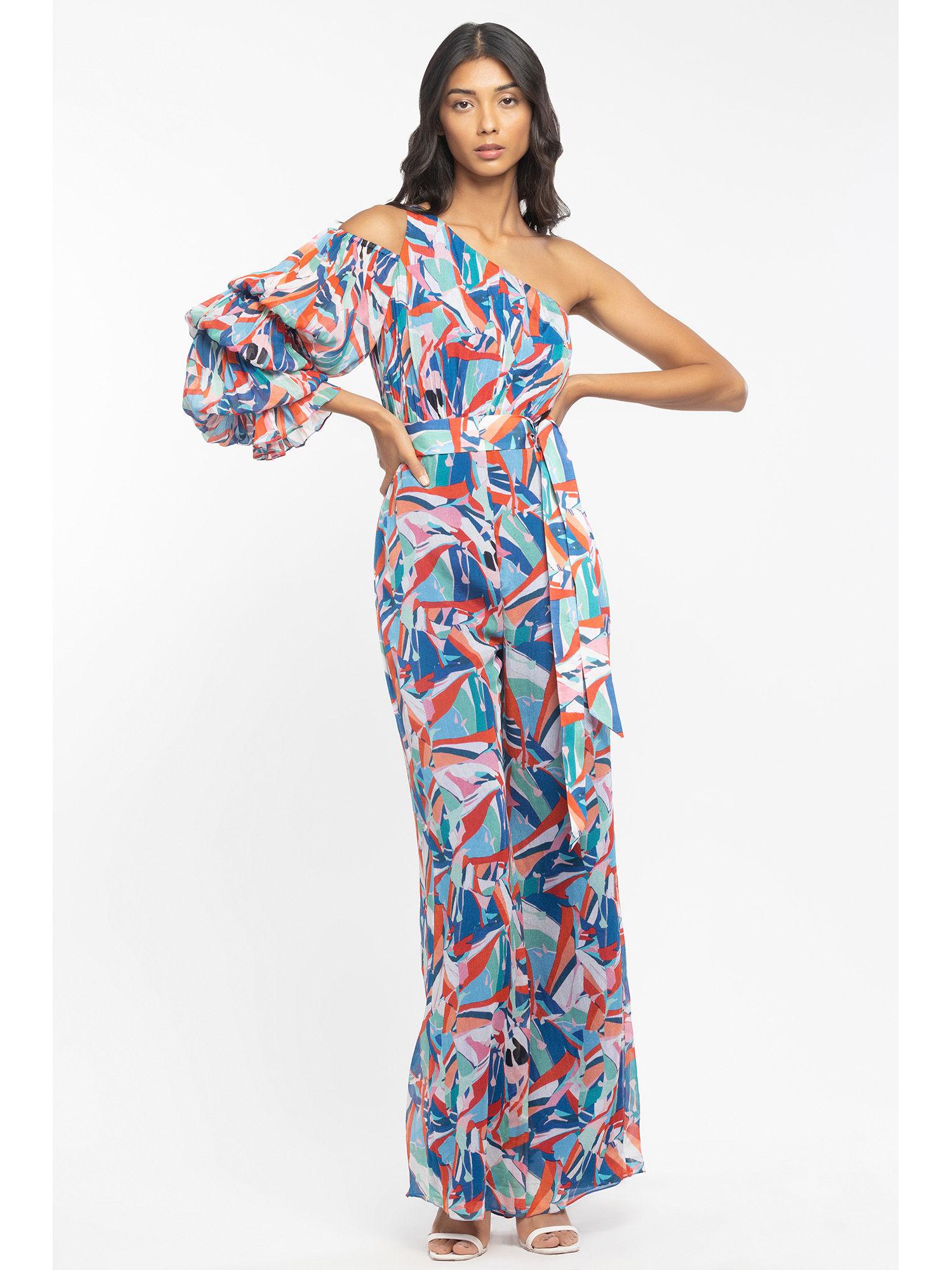 chiffon printed jumpsuit with belt blue (set of 2)