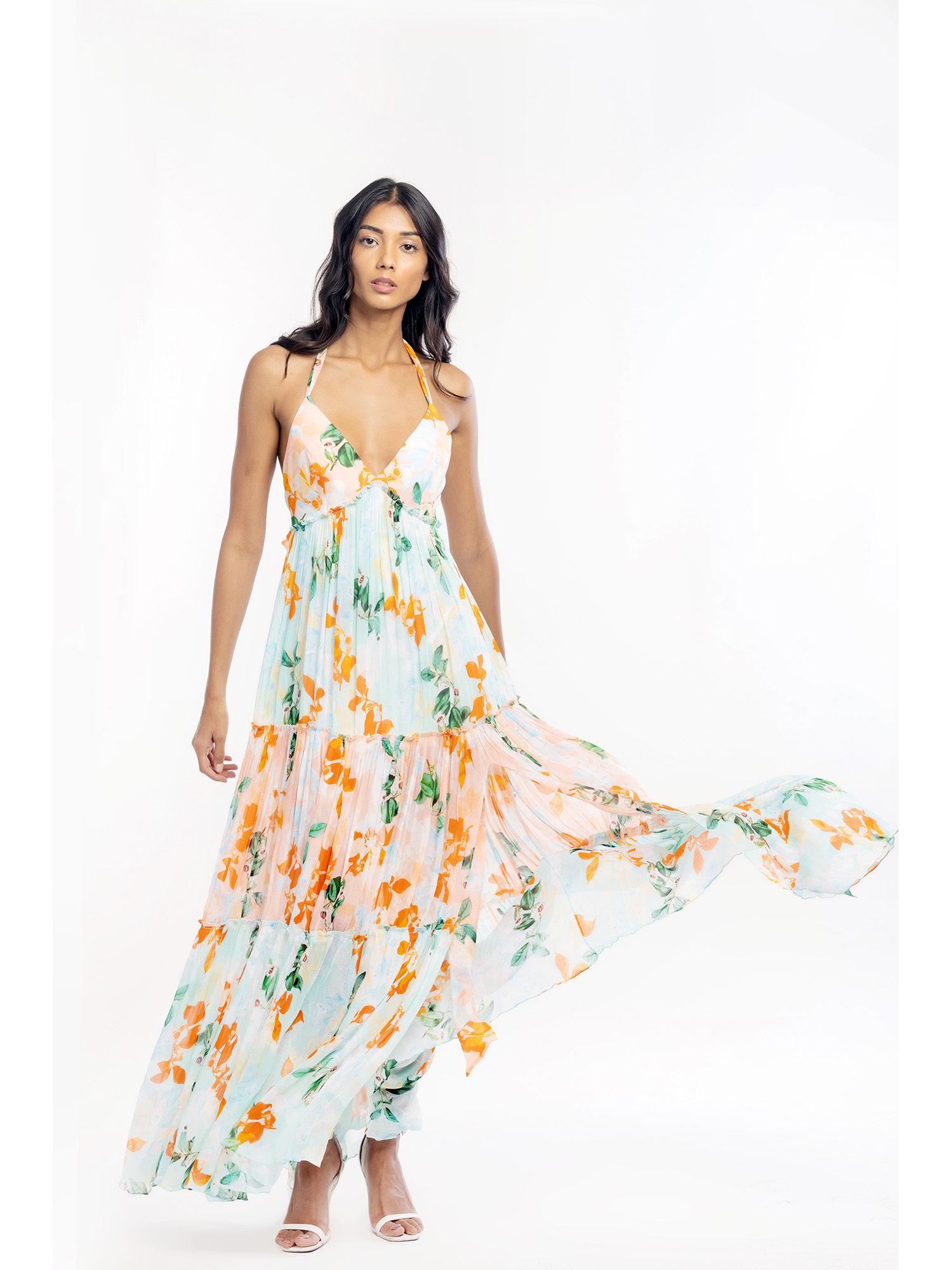 chiffon printed layered halter neck dress peach & blue