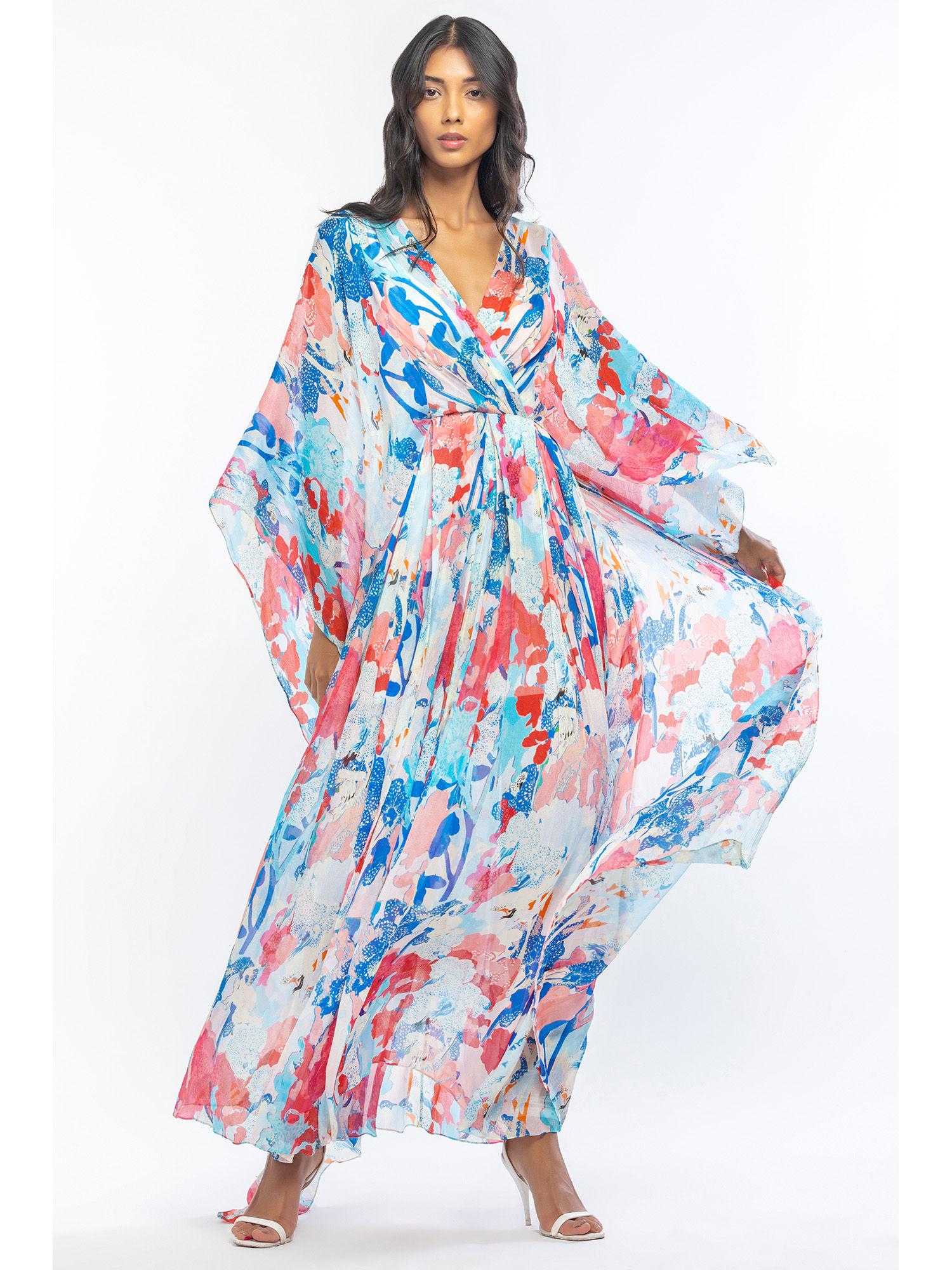 chiffon printed pleated kaftan with belt and slip blue & pink (set of 3)