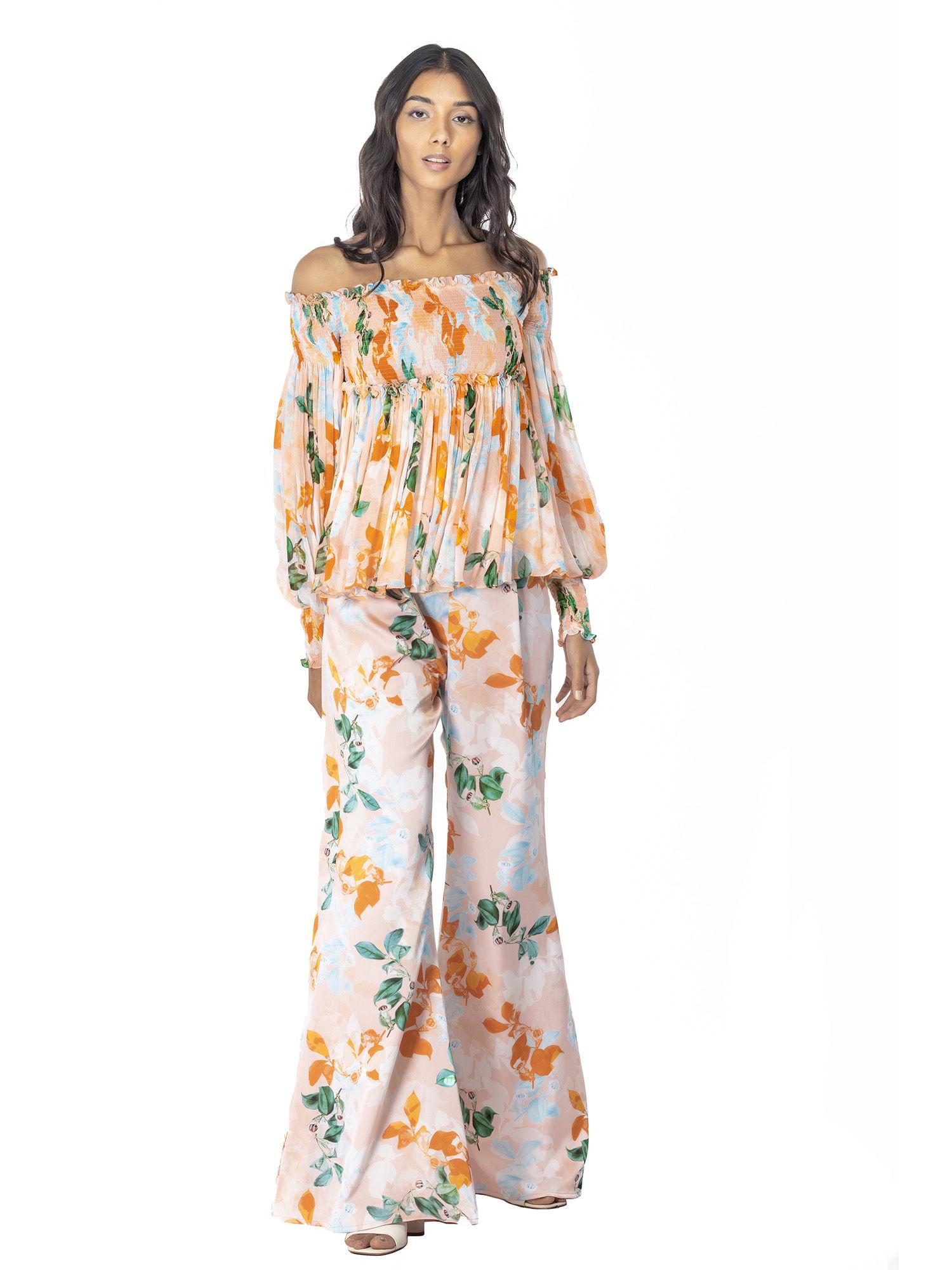 chiffon printed smocking detail top with satin printed pants peach (set of 2)