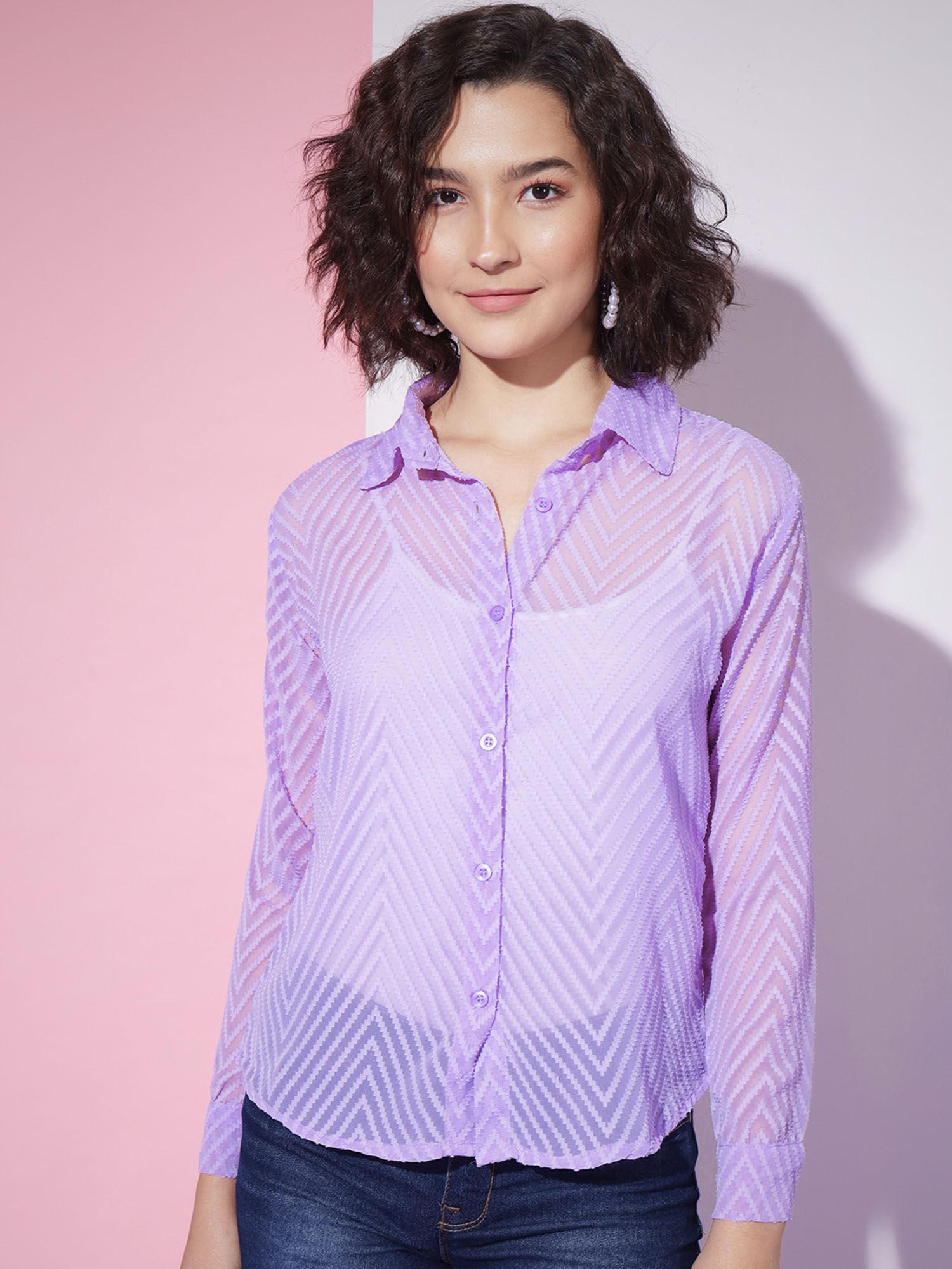 chiffon purple self design button front women casual shirt