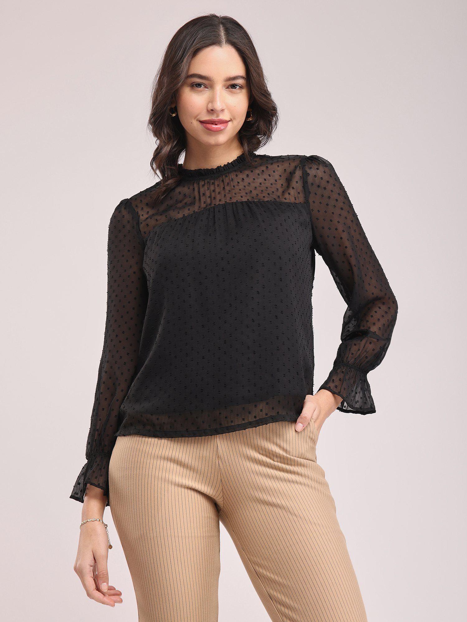 chiffon ruffle neck top - black