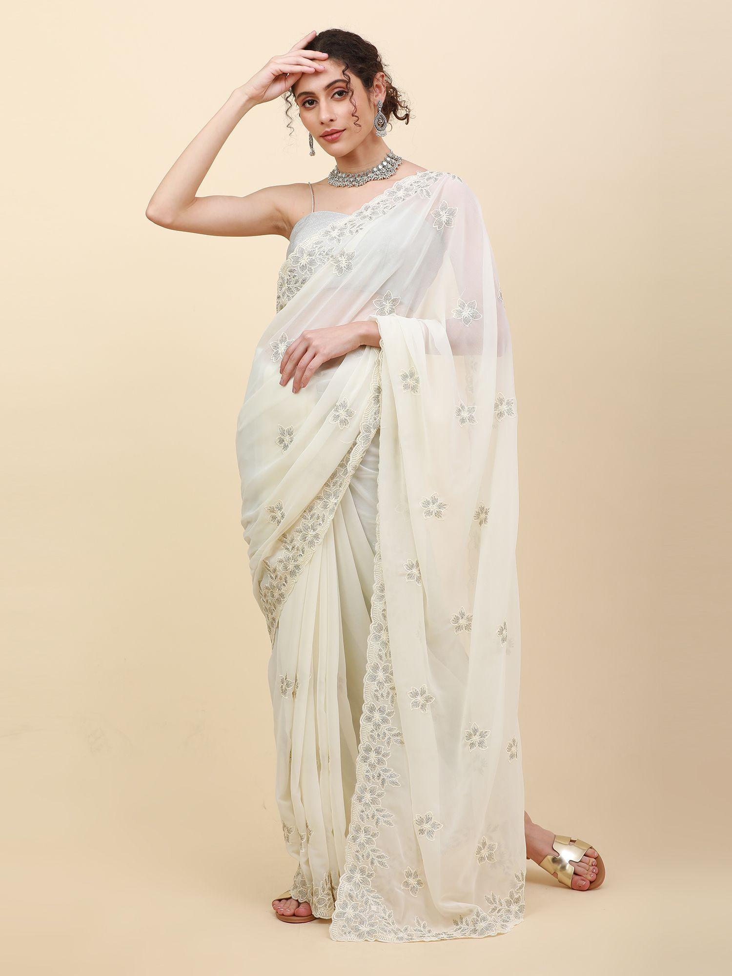 chiffon white embroidered beads and stones saree with unstitched blouse