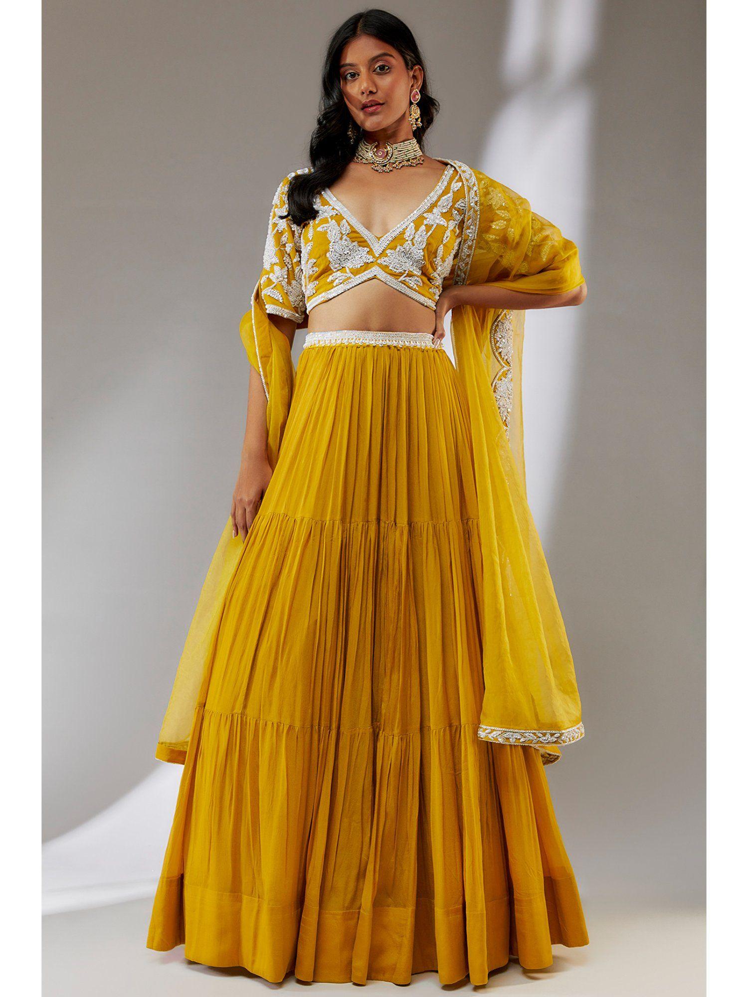 chiffon yellow beads and stones embellished lehenga (set of 3)