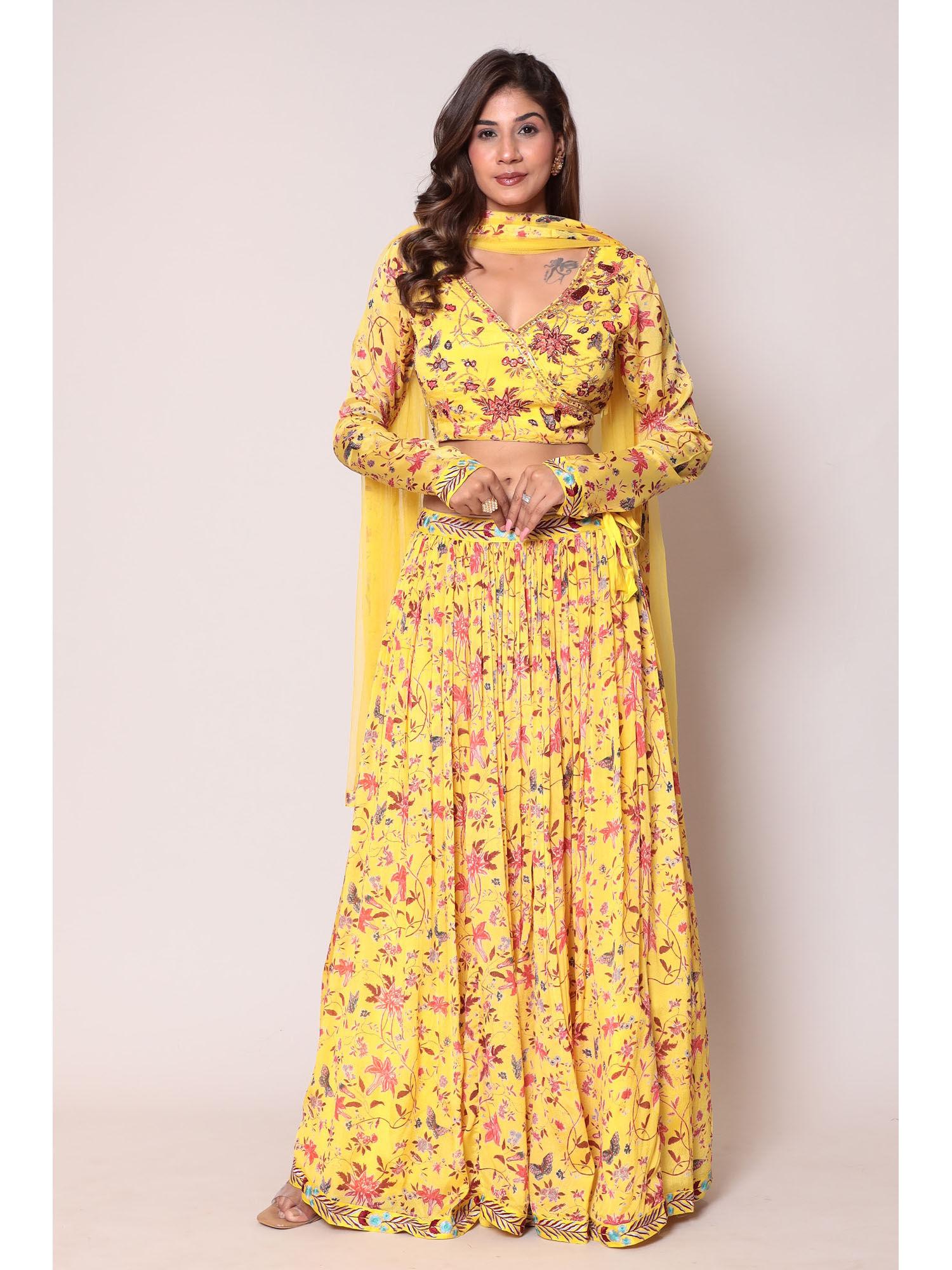 chiffon yellow print blouse with lehenga & dupatta (set of 3)