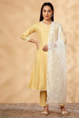 chikankari a line kurta with pant and dupatta 3 piece set - yellow